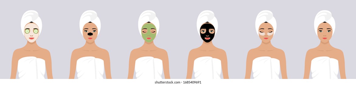 Un conjunto de seis ilustraciones planos vectoriales para el cuidado facial. Una joven asiática envuelta en una toalla blanca, con una toalla blanca en la cabeza con varios tipos de máscaras cosméticas en la cara. 