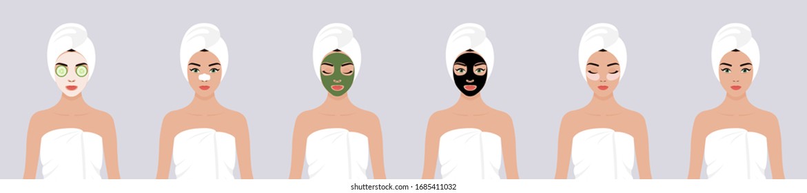 A set of six Vector stock flat illustrations for face care. A young European girl wrapped in a white towel, with a white towel on her head with various types of cosmetic masks on her face. 