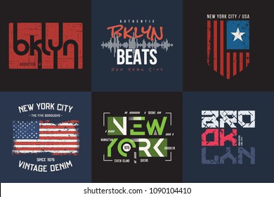 Set of six vector styled New York and Brooklyn t-shirt and apparel typographic designs, prints.