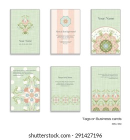 Set of six vector vertical business cards. Beautiful floral pattern in vintage style and delicate canvas texture.Place for your text.