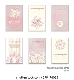 Set of six vector vertical business cards. Hand drawing of a bouquet victorian garden roses. Watercolor and striped backdrops. Vintage style. Place for your text. 