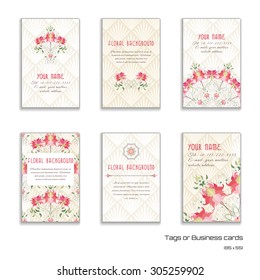 Set of six vector vertical business cards with floral pattern. Delicate ornament on backdrop. Place for your text.