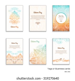 Set of six vector vertical business cards with autumn pattern. Trees in the rain and soil. Gradient elements. Place for your text.