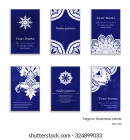 Set of six vector vertical business cards with damask floral pattern. Blue watercolor backdrop. Place for your text.