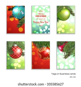Set of six vector vertical business cards with fir tree branches on blurred background with balls. Place for your text. Christmas and New Year theme.