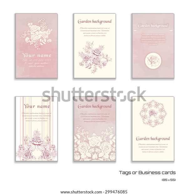 Set of six vector vertical\
business cards. Hand drawing of a bouquet victorian garden roses.\
Watercolor and striped backdrops. Vintage style. Place for your\
text. 
