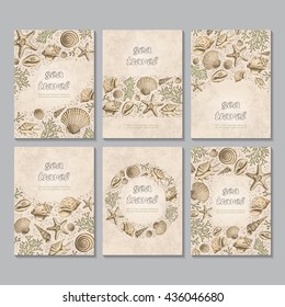 Set of six vector vertical cards with seashells, corals and starfishes. Vintage Marine background. Vector card templates. Perfect for business card, invitation, wedding and web design.