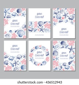 Set of six vector vertical cards with seashells, corals and starfishes. Marine background. Sketch style. Travel  templates. Perfect for business, invitation, cosmetic product,  wedding and web design.