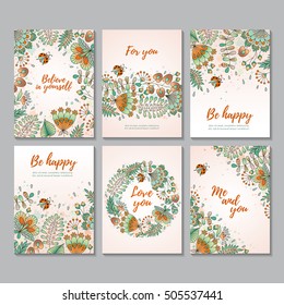 Set of six vector vertical cards with flowers and ladybugs. Sketch style. Card templates. Perfect for invitation, mothers day, valentines day, birthday cards, baby shower, wedding and web design.