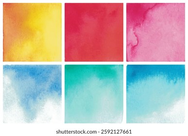 Set of six vector watercolor backgrounds bright flowers. Square banners with place for text on white background isolated on white background.