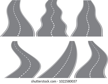 Set of six vector winding roads wit white marks isolated on white background. 