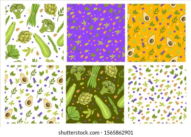 Set of six vegan vector seamless patterns. Green organic textures with vegetables, berries, leaves, avocado. Simple and fresh backgrounds for vegan product shops, packages, wallpapers, apparel, linen