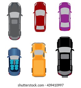 Set of six vehicles. Coupe, convertible, sedan, wagon, SUV, passenger van. View from above. Vector illustration