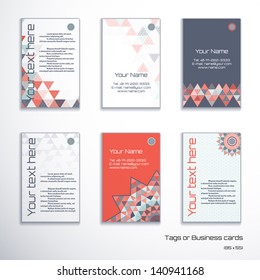 Set of six vertical business cards or tags.  Multicolored triangles and grid. Complied with the standard sizes.