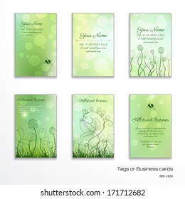 Set of six vertical business cards. Spring or summer  design. Clover and strawberry plants. Bumblebee and ladybug. Place for your text. Complied with the standard sizes.