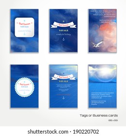 Set of six vertical business cards or tags. Overcast sky painted oil pastel. Sun shines through the clouds, flying seagull and sea. Decorative elements, tape, anchor, sun.  Place for your text. 