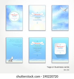 Set of six vertical business cards or tags. Sky painted oil pastel. Gulls, pencil hand drawing. Decorative elements, tape, anchor, sun. Place for your text. 