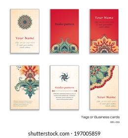 Set of six vertical business cards or tags. Beautiful floral pattern in oriental style. Simple delicate ornament. Place for your text. 