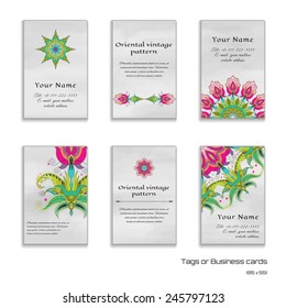 Set of six vertical business cards. Beautiful oriental fantastic flower. Watercolor background. Hand drawing. Place for your text.