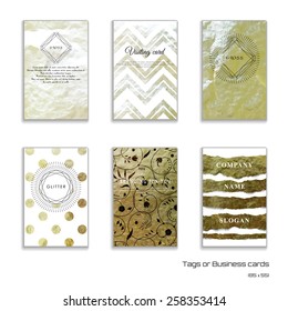 Set of six vertical business cards. Crumpled foil golden basis. Geometric frame in form of cut gems and sun burst. Place for your text.
