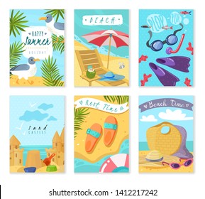 Set of six vertical cards with summer holiday. beach accessories. the attributes of the rest tropical leaves sand and seagull