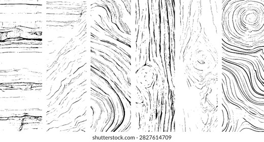 Set of six vertical wood grain textures, black and white patterns with knots and swirls