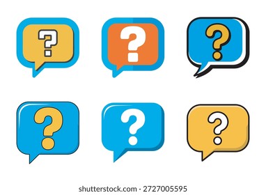 A set of six vibrant chat bubble templates featuring question marks for customer support and FAQs.
