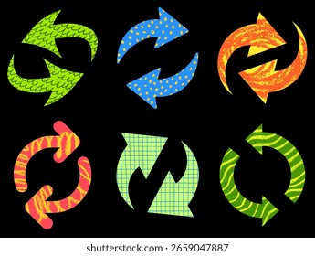 Conjunto de seis setas circulares vibrantes com texturas únicas no plano de fundo preto. Ilustração vetorial para uso criativo.
