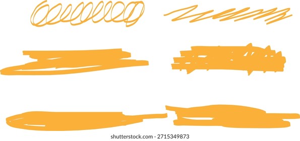 Satz von sechs lebhaften orangefarbenen Markierungsstrichen und -kritzeleien einzeln auf sauberem weißem Hintergrund.