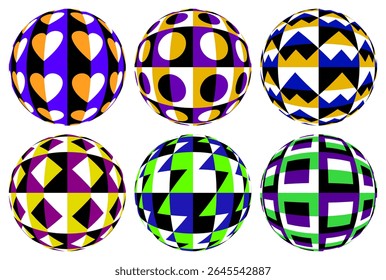Set of six vibrant patterned spheres with geometric illusions. Optical peripheral drift effect creates a sense of motion. Bright abstract shapes on black background. Vector illustration.