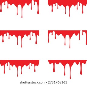 Conjunto de seis bordes líquidos de goteo rojo vibrante con texturas viscosas fluidas