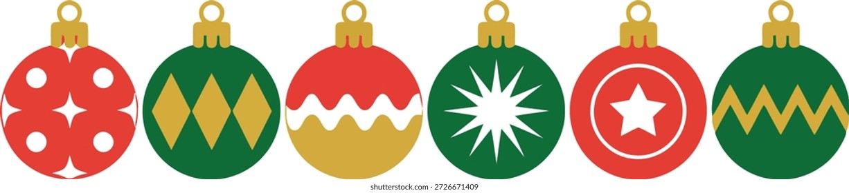 A set of six vibrant red and green Christmas ornaments with distinct patterns and golden toppers, perfect for seasonal decorations.