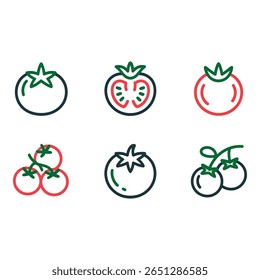 Set of six vibrant tomato line icons whole halved cluster and single in various styles and colors representing freshness and healthy eating