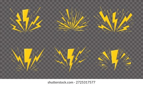 Un conjunto de seis vibrantes efectos de explosión de rayos amarillos con líneas dinámicas y rayos, dispuestos en dos filas sobre un fondo a cuadros gris y blanco transparente, que transmiten energía y potencia