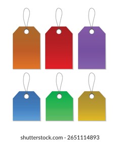 A set of six vibrantly colored price tags or labels, each with a string attached and casting a subtle shadow