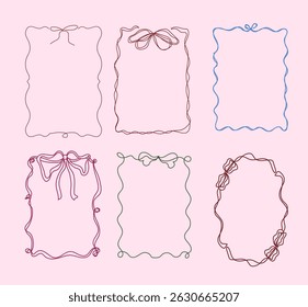 Set Of Six Vintage Coquette Aesthetic Hand Drawn Frame  With Bow Doodle Whimsical Style Isolated Vector Design