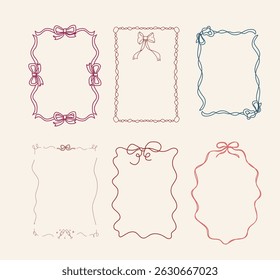Set Of Six Vintage Coquette Aesthetic Hand Drawn Frame Different Colors And Shapes With Bows And Ribbons Doodle Isolated Vector Design