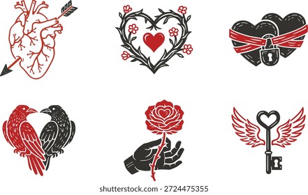 Conjunto de seis ícones vetor vintage, estilo gótico, representando amor eterno, romance, paixão e devoção. Perfeito para projetos de Dia dos Namorados, vestuário ou conceitos de tatuagem.