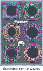 Set of Six Vintage Graphic Colored Vintage Floral Isolated Garlands for Interior Design Insight Vector Illustration.