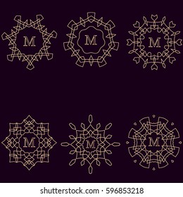Set of six vintage monograms design template for one letter. Classic design elements for cards, invitations, menus, labels. Vector illustration on dark background.