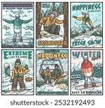 Set of six vintage posters with snowboarders enjoying winter activities, riding on snowboards and using a ski lift on snowy mountain slopes