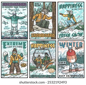 Conjunto de seis cartazes vintage com snowboarders desfrutando de atividades de inverno, andando em snowboards e usando um teleférico em pistas de montanha nevadas