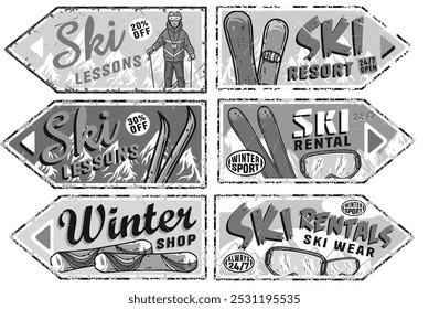 Set of six vintage rusty arrow shaped winter sports posters with ski equipment and instructor offering lessons. Winter poster or sign for winter sport