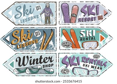 Set of six vintage rusty arrow shaped winter sports posters with ski equipment and instructor offering lessons. Winter poster or sign for winter sport