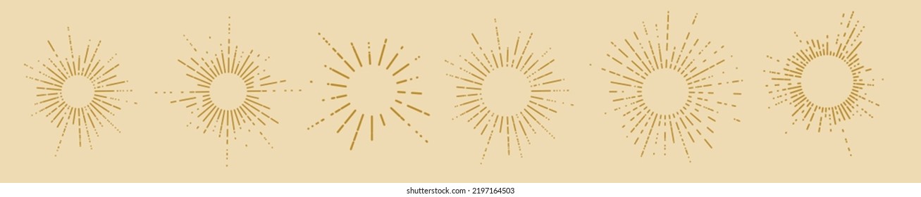 Set of six vintage sunburst, sun rays, sunbeams, vector design elements for your design.