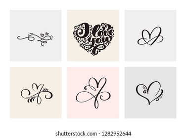 Set of six vintage Vector Valentines Day Hand Drawn Calligraphic Hearts. Calligraphy lettering illustration. Holiday Design valentine. Icon love decor for web, wedding and print. Isolated