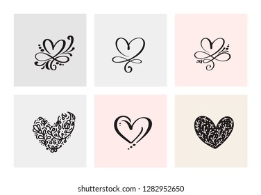 Set of six vintage Vector Valentines Day Hand Drawn Calligraphic Hearts. Calligraphy lettering illustration. Holiday Design valentine. Icon love decor for web, wedding and print. Isolated