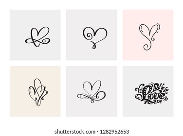 Set of six vintage Vector Valentines Day Hand Drawn Calligraphic Hearts. Calligraphy lettering illustration. Holiday Design valentine. Icon love decor for web, wedding and print. Isolated