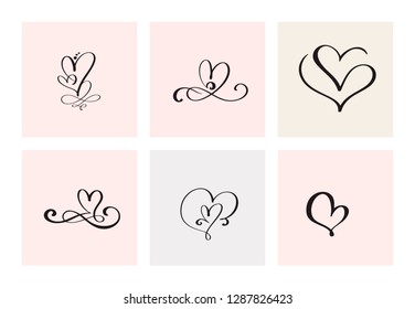 Set of six vintage Vector Valentines Day Hand Drawn Calligraphic Heart. Calligraphy lettering illustration. Holiday Design valentine. Icon love decor for web, wedding and print. Isolated