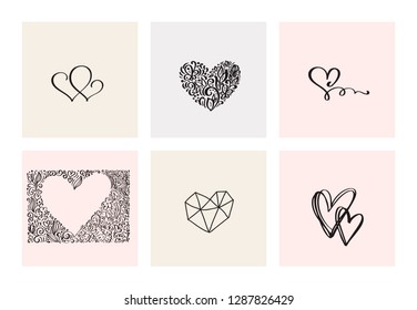 Set of six vintage Vector Valentines Day Hand Drawn Calligraphic Heart. Calligraphy lettering illustration. Holiday Design valentine. Icon love decor for web, wedding and print. Isolated
